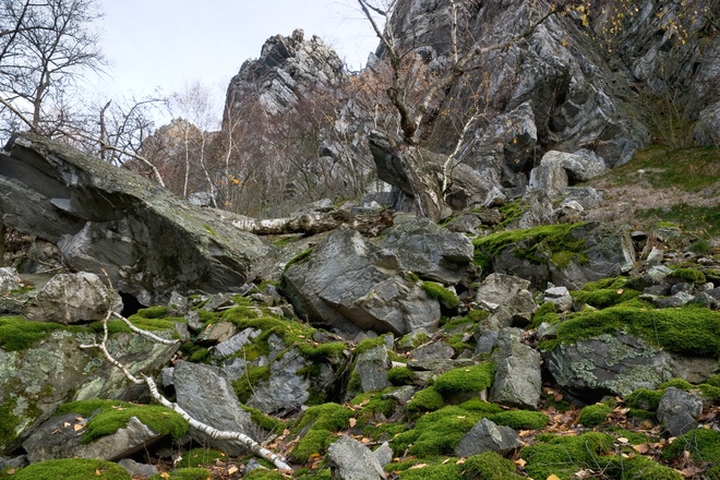 Horná časť skalného komína na Studený hrad medzi Ťavou a Drobivou vežou v blízkosti zastávky č. 11.