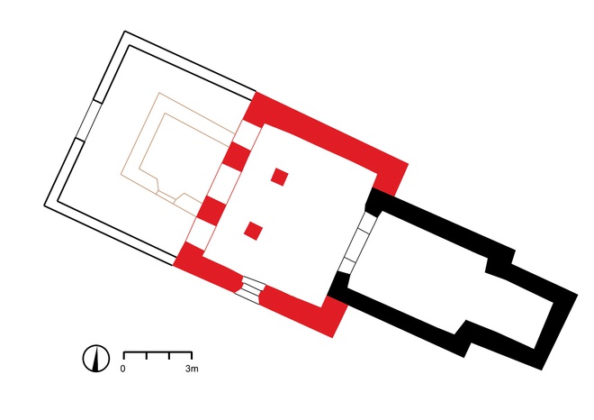 Construction history of St George’s Church. black: pre-Romanesque construction phase (first half of the 11th century); red: late-Romanesque construction phase (first half of the 13th century); brown line: Baroque renovation (first half of the 18th century); black line: 1960s 