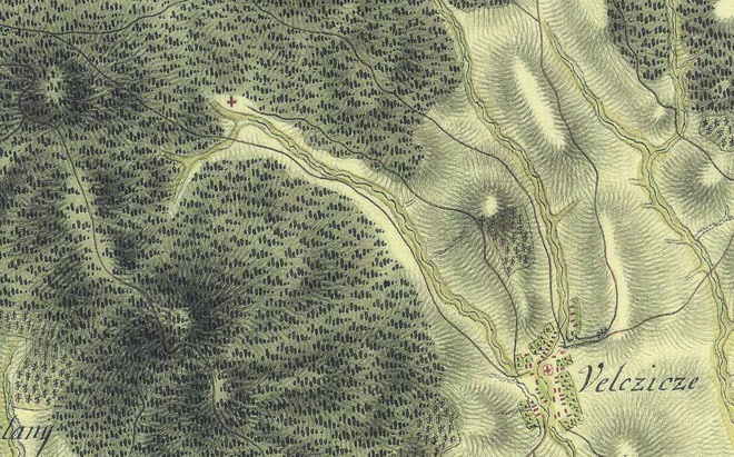 Kaplnka na prvom vojenskom mapovaní z rokov 1782–1784 zakreslená ako červený krížik