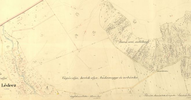  Tekovská časť ladických vinohradov (Barsi sori szöllöhegyi) na katastrálnej mape z roku 1892.