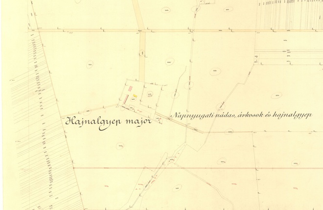 The Hajnalgyep Meierhof of the Archbishopric of Esztergom on a detail of a cadastral map from 1892