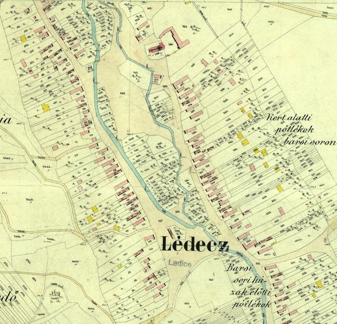The mill island in the central part of Ladice on a detail from the cadastral map from 1892