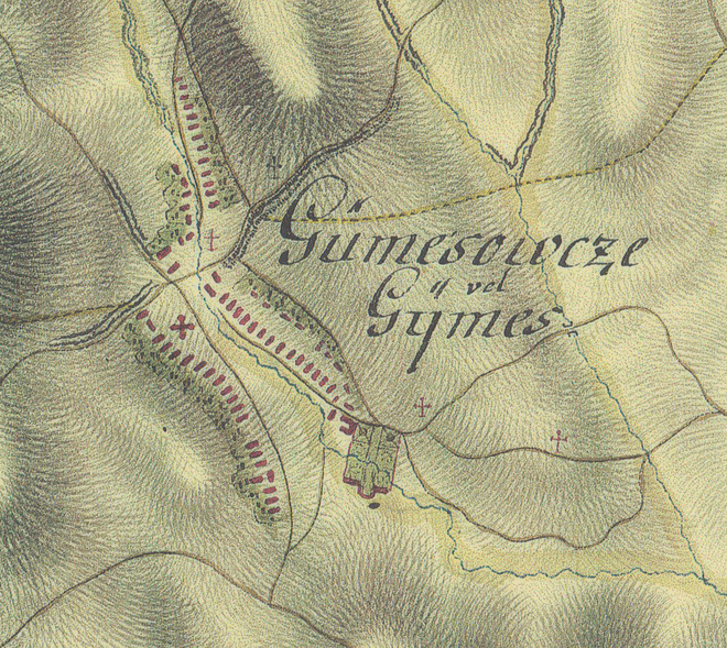 Jelenec (Gymes) on the map of the first military mapping in 1782–1784