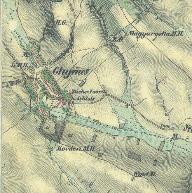 Industrial and production areas in Gymes according to the map of the second military mapping in 1843. ‘h.Schloss’ = Manor house; ‘ZuckerFabrik’ = sugar refinery; ‘MagyaroskaM.H.’ = Meierhof Moďoróška; ‘KovácsiM.H.’ = Meierhof Kováč; ‘Z.O.’ = brick kiln; ‘M.’ = mill; ‘WindM.’ wind mill; ‘H.G.’ = quarry