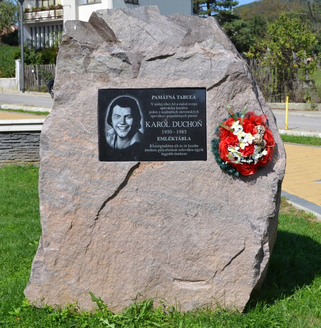 Plaque commemorating Karol Duchoň in the small park at Mariánská Street