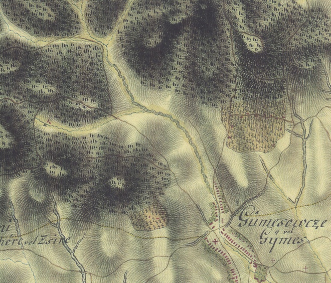 Zástavba s vodným mlynom na mieste horárne Remitáž podľa prvého vojenského mapovania z rokov 1782–1784