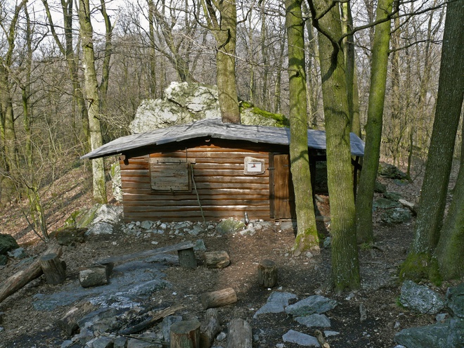 Hermit Sľažany, a wooden shelter of the Slovak Tourist Club below the hilltop of Veľký Lysec 