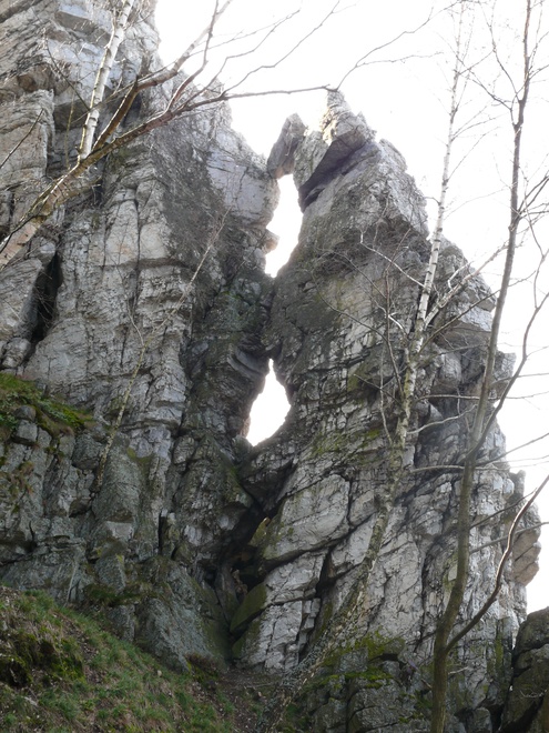 Rocks of Veľký Lysec on the climbing route Stena between rock chimneys 