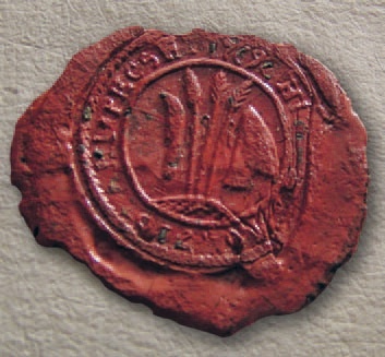 Impression of the seal of the part of Kostoľany pod Tribečom in possession of Nitra on a deed from 1769, the circumscription read GHIMES KOSZTOLANI * PECSET 1769 (State Archive in Nitra, photograph by P. Keresteš)