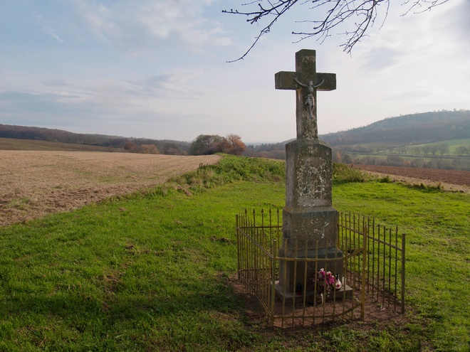 Wayside crucifix, a concrete memorial cross with cast iron corpus on the former Tekov collector road between Ladice and Kostoľany; It was erected by István Sevella, the deputy notary of Jelenec in 1913 
