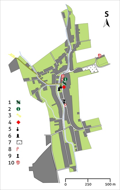 Velčice, route of the educational trail through the municipality: 1. Number of the trail station; 2. Tourist information; 3. Strip marking with number of the tourist trail; 4. National cultural monument; 5. Church; 6. Monument; 7. Cemetery; 8. Bus stop; 9. Municipal office; 10. Restaurant 